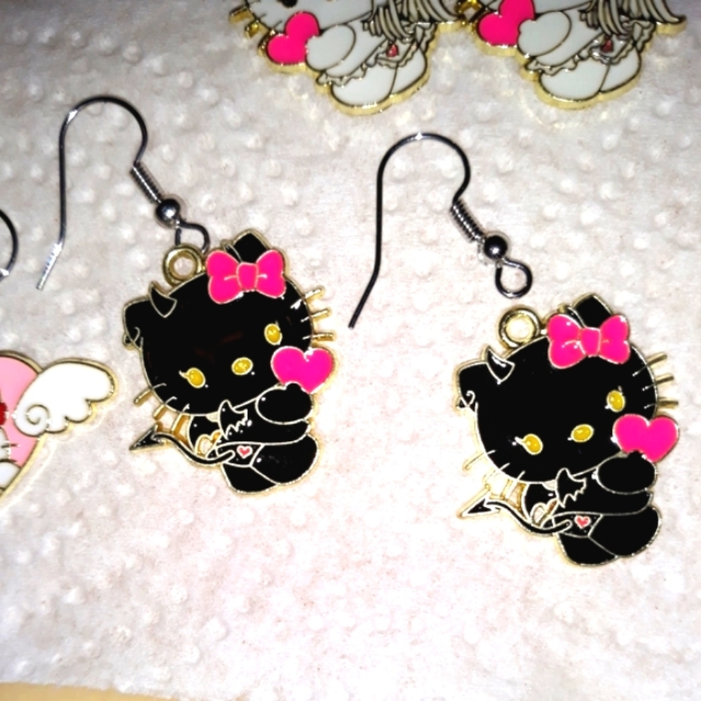 NEW Hello Kitty Black Cupid Dangle Earrings Enamel Stainless Steel Earwires …